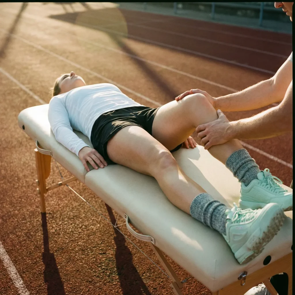 Femme couchée sur une table ayant un traitement de physiothérapie au genou