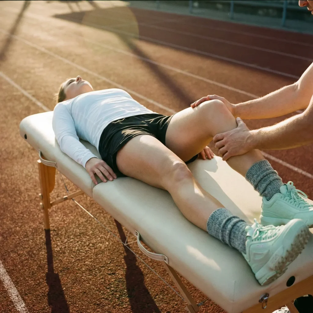 Femme couchée sur une table ayant un traitement de physiothérapie au genou