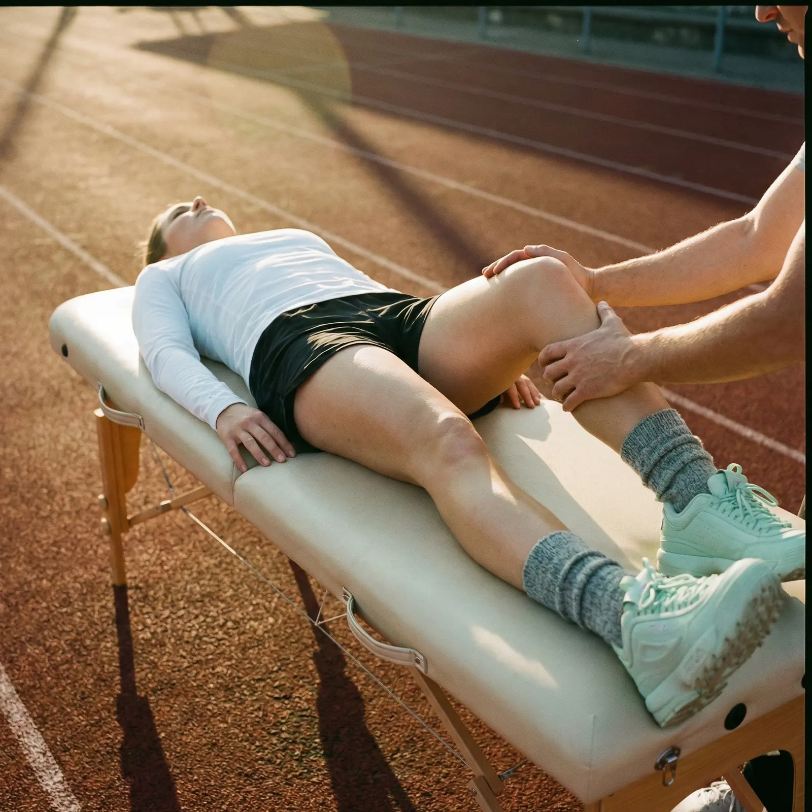 Femme couchée sur une table ayant un traitement de physiothérapie au genou
