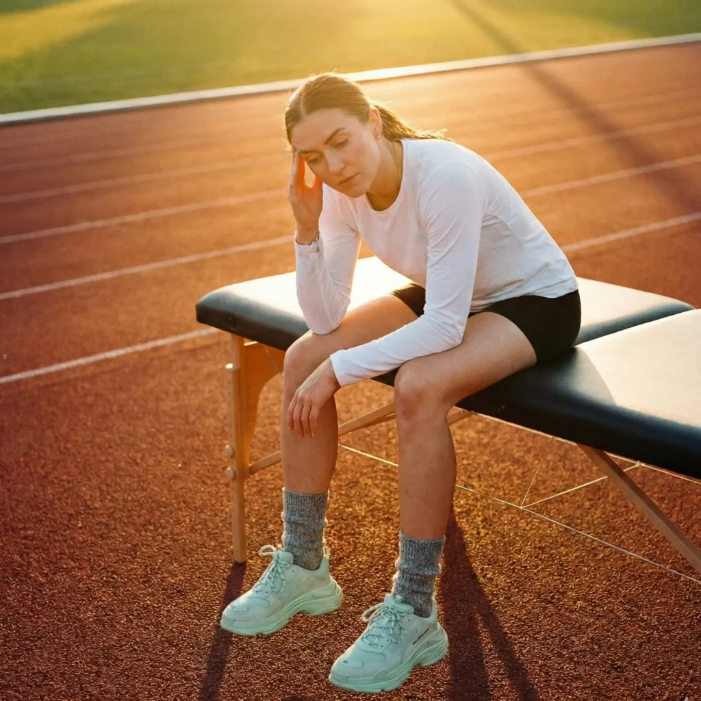 Femme assise sur une table de traitement avec un mal de tête